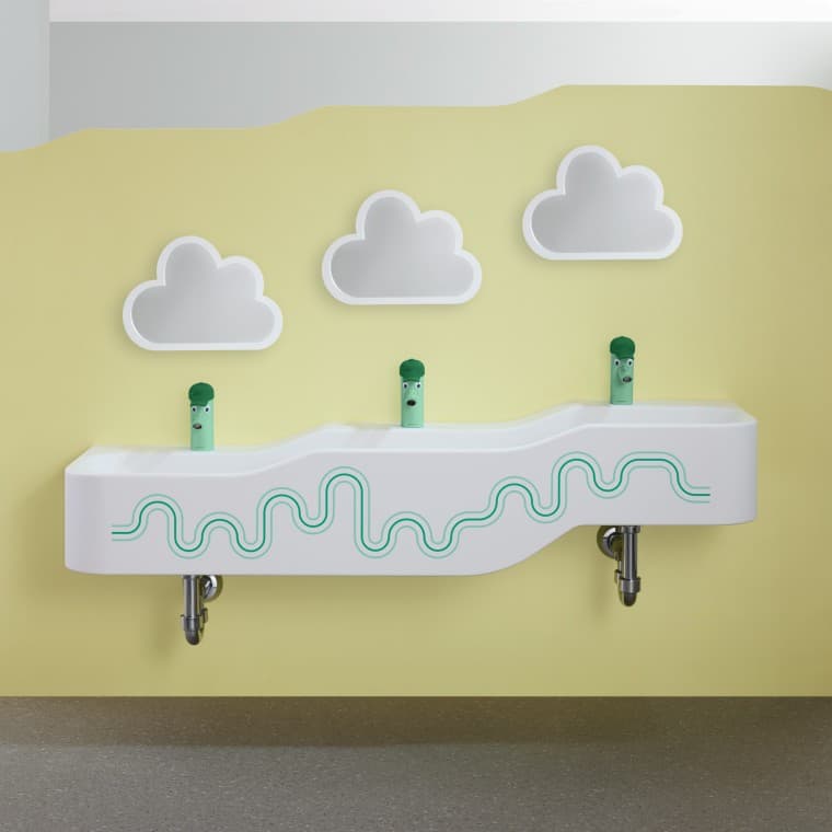 Geberit Bambini rotaļu un mazgāšanās telpa meža zaļā un gaiši zaļā krāsā Geberit Bambini rotaļu un mazgāšanās telpa meža zaļā un gaiši zaļā krāsā