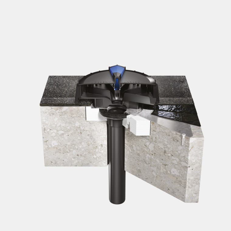 Installation of Geberit Pluvia on a concrete roof with bitumen roof foil Installation of Geberit Pluvia on a concrete roof with bitumen roof foil