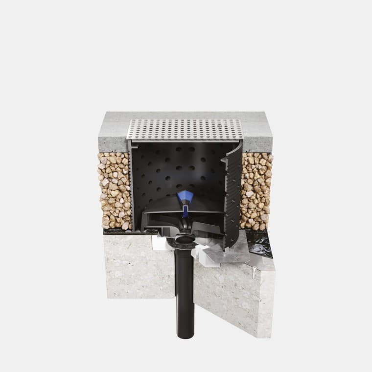 Installation of Geberit Pluvia on a walkable concrete roof with bitumen roof foil Installation of Geberit Pluvia on a walkable concrete roof with bitumen roof foil