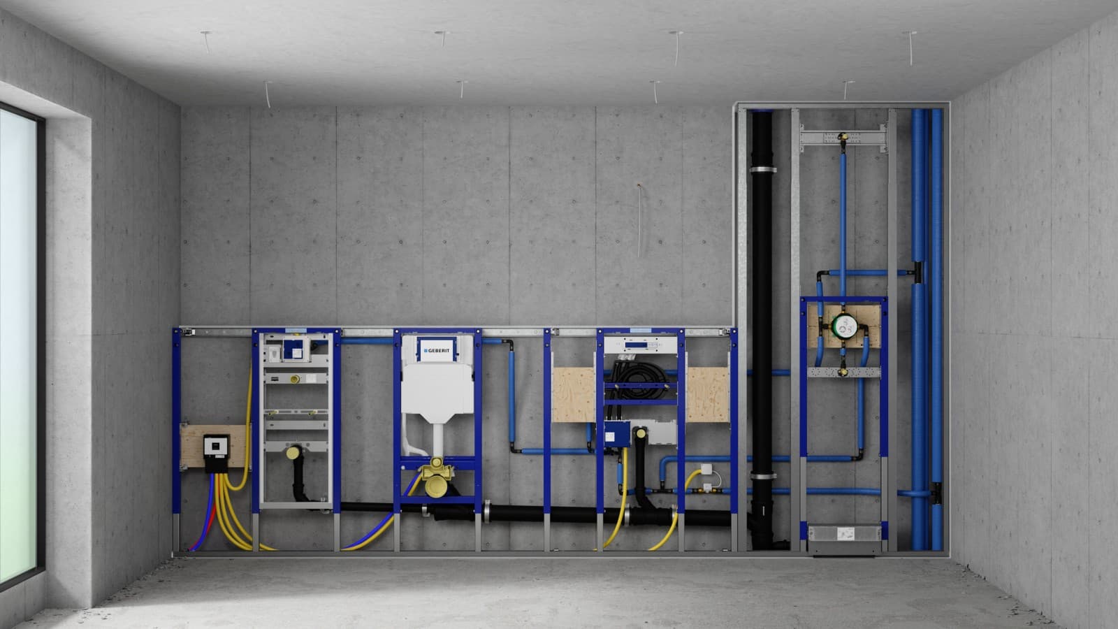 Montāžas siena ar Geberit Duofix elementiem pisuāram, WC, izlietnei un dušai Montāžas siena ar Geberit Duofix elementiem pisuāram, WC, izlietnei un dušai